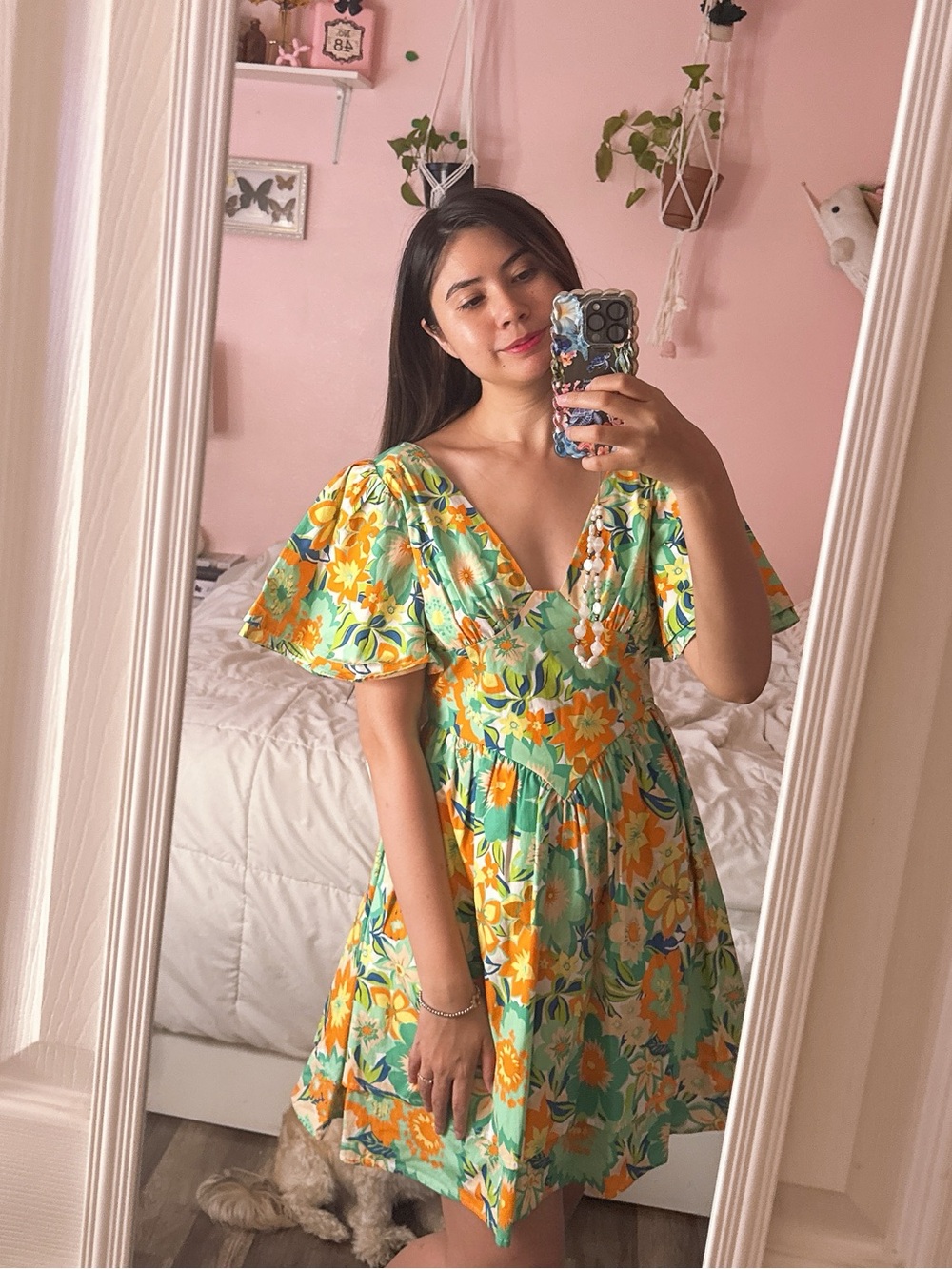 Floral V-Neck Puff Sleeve Mini Dress in Yellow & Green